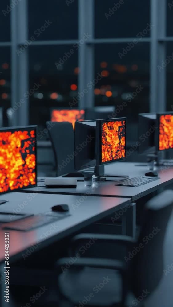 Aufkleber rows of computer monitors displaying fiery orange abstract patterns in a dark office at night