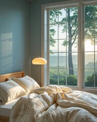 Sunlight streams through a spacious bedroom window, illuminating soft bedding. The view reveals lush green trees and a serene mountain setting, creating a peaceful atmosphere