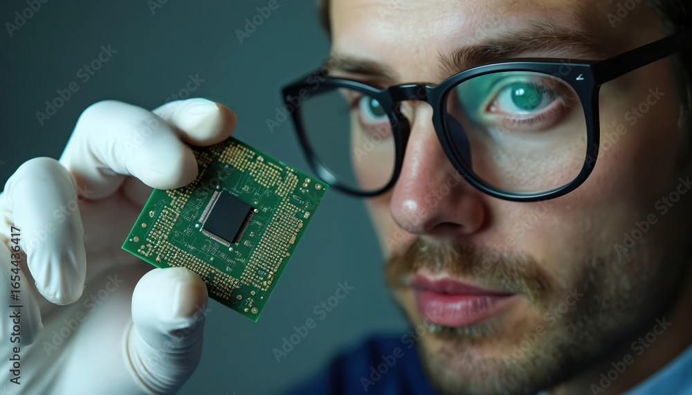 Poster engineer inspects microchip circuitry using magnifying glass. focus on intricate electronic componen