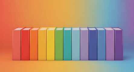 Fifteen books in a rainbow color sequence displayed on a smooth surface with a vibrant gradient backdrop