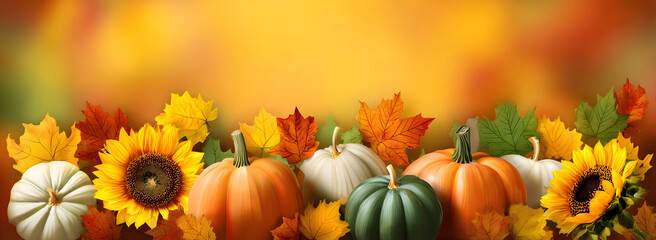 Autumn festive background. Joyful banner with warm seasonal colors, composition of pumpkins, fall leaves and sunflowers. Thanksgiving season banner.