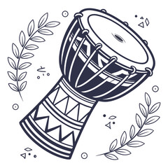Stylized djembe drum with decorative laurel branches and geometric accents