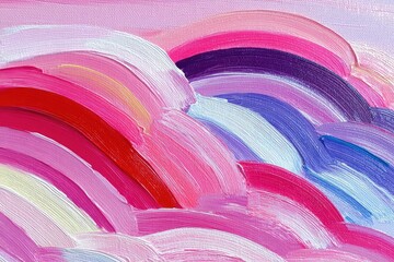 Abstract painting with vibrant, flowing, rainbow-hued brushstrokes on a light pink background
