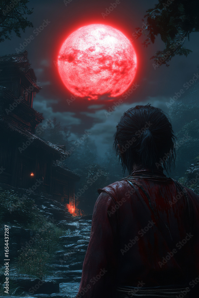 Poster a person stands on a path looking up at a giant red moon in a dark fantasy setting