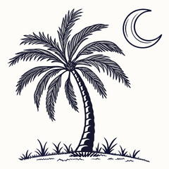 Stylized silhouette of a palm tree under a crescent moon on a grassy knoll