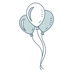 Three simple hand drawn balloons in soft blue and white with dark blue outlines