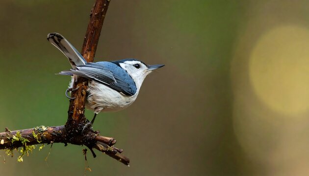 A white-breasted nuthatch perches gracefully on a weathered branch, its plumage showcasing a striking blend of white and deep blue-gray.
