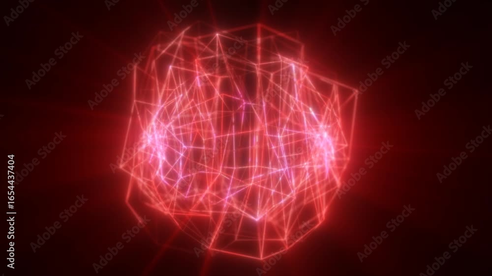 Poster vibrant red glowing digital sphere with dynamic interconnected lines and energy spark effects on a d