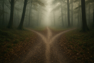 Obraz premium Misty forest with forked path among tall trees mysterious foggy atmosphere