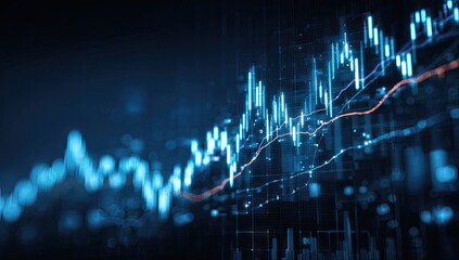 Abstract financial data visualization.  A complex graphic displays  fluctuating data points, trending lines, and  blurred background elements, suggestive of market analysis.