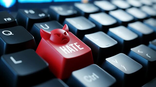A red key with devil horns and the word hate on a computer keyboard represents the concept of online hate speech cyberbullying and internet trolling

