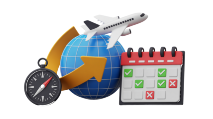 Travel Planning Concept with Globe Airplane Compass and Calendar vacation holiday isolated on a transparent background