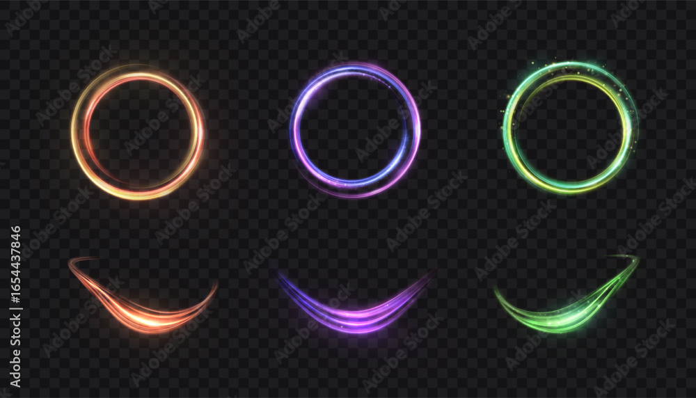 Poster Glowing circular rings and curved swoosh trails in orange, purple and green on transparent background. Luminous arcs with soft particles for overlays and UI highlights.