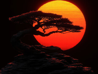 Bonsai-like Tree and a Fiery Sunset