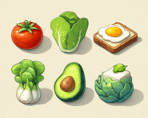 Fresh vegetables and delicious breakfast are beautifully illustrated this vibrant cartoon style image. composition features ripe tomato, crisp lettuce, sunny side up egg toast, avocado