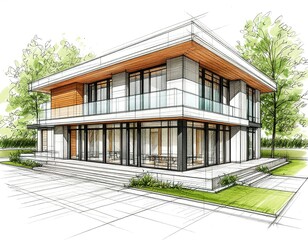 modern house project. drawing with lines.