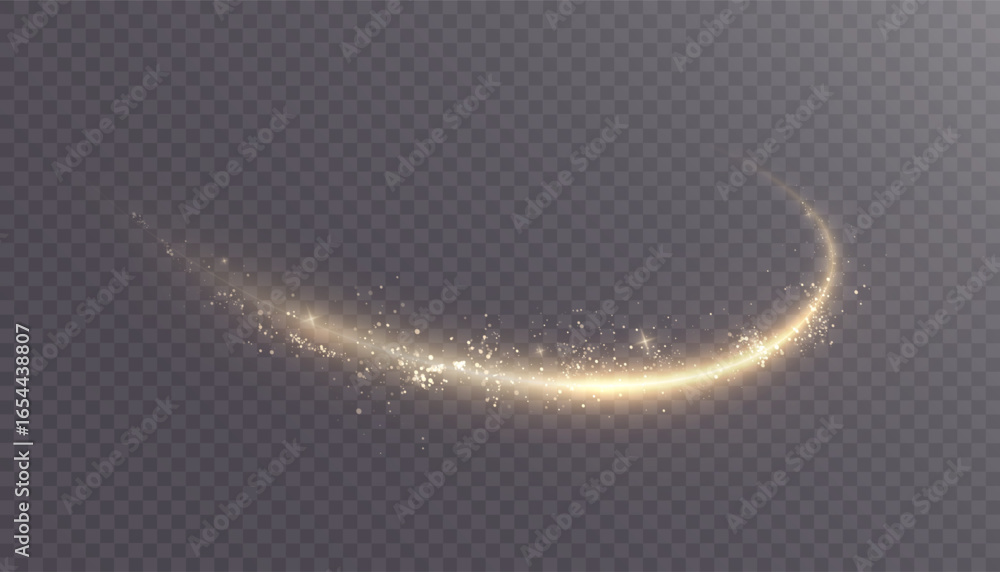 Poster golden curved light trail with spark particles and soft glow on transparent background. bright arc s