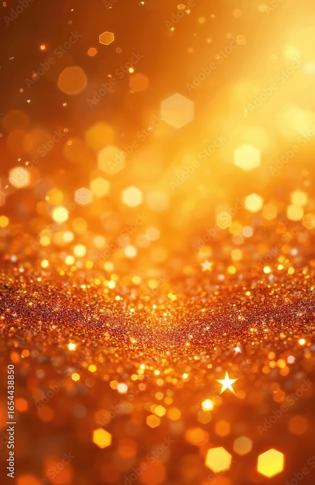 Poster abstract background featuring vibrant orange glitter with sparkling hexagonal bokeh effects. this fe