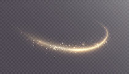Golden curved light trail with spark particles and soft glow on transparent background. Bright arc swirl with glitter dust for overlays, headers and abstract design.