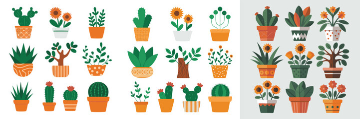 Assorted Potted Plants and Cacti Illustrations in Decorative Pots for Indoor Gardening Decor