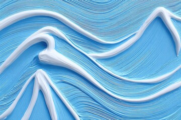 Abstract painting with flowing, light-blue and white brushstrokes