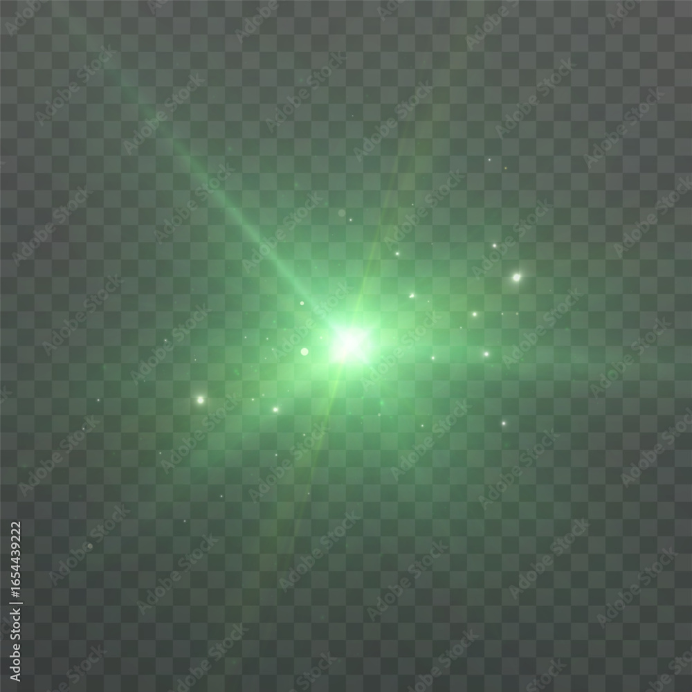 Poster Green starburst light flare with soft lens bokeh and sparkling particles on transparent background. Bright optical glow with rays and dust for overlays, headers and abstract design.