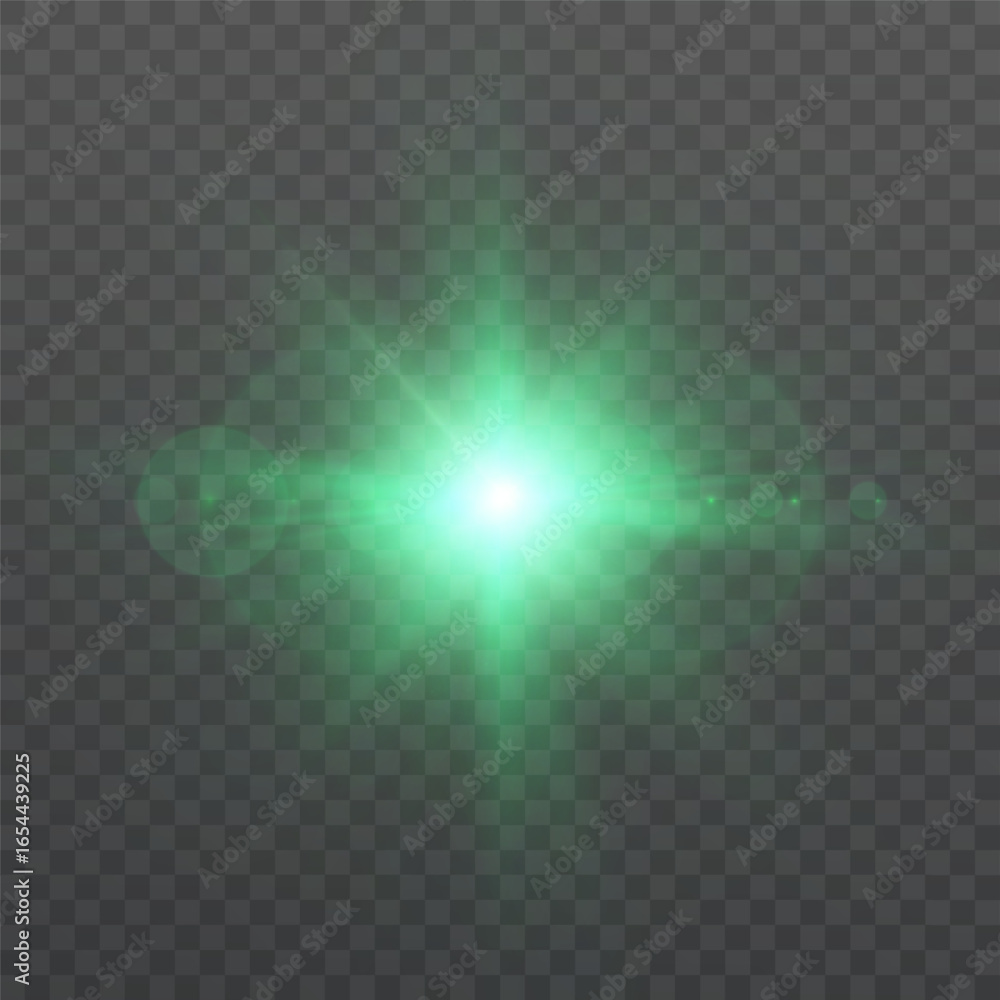 Poster Green starburst light flare with soft lens bokeh and sparkling particles on transparent background. Bright optical glow with rays and dust for overlays, headers and abstract design.