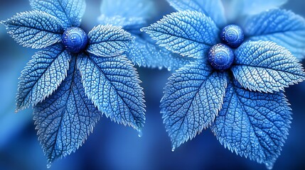 Close-up view of vibrant, frosted blue leaves with dew drops.