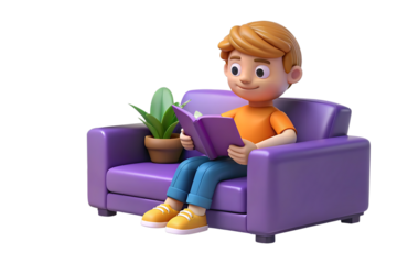 3D Smiling cartoon boy sitting on a purple sofa reading a book isolated on transparent background