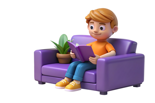 3D Smiling cartoon boy sitting on a purple sofa reading a book isolated on transparent background