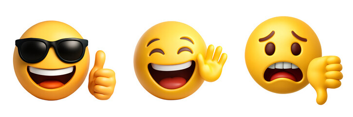 3D emoji reaction icon set. Emoticons showing like and dislike with thumbs up and thumbs down gestures, and a friendly wave for hello. Social media feedback symbols isolated on a light background.