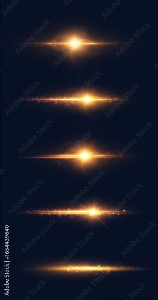 Poster horizontal golden light flares with starburst and bokeh. bright linear glow with spark particles and