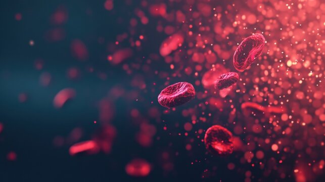Red blood cells flowing through a digital abstract background in vivid detail
