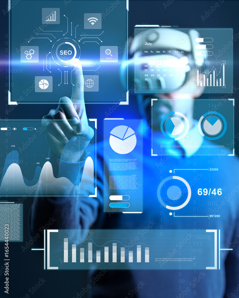 Poster exploring virtual technology with data analytics and seo insights in a futuristic workspace