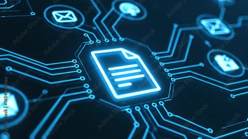 Poster abstract glowing document icon on blue circuit board connection background