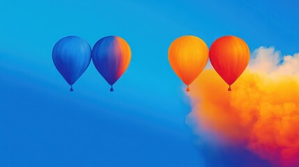 Vivid hot air balloons floating high in the bright blue sky against colorful clouds
