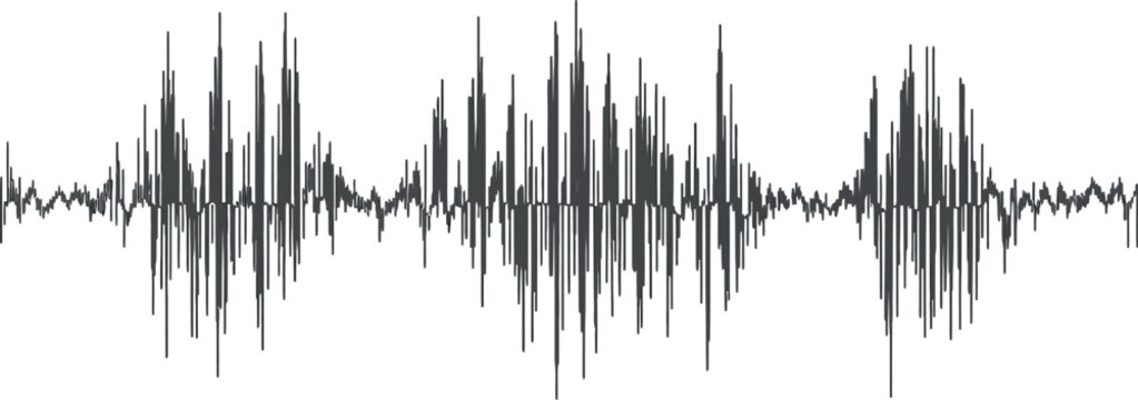 A visual representation of audio waves showing peaks and valleys in a waveform pattern on white backdrop