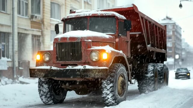 Old red truck driving on snowy city street