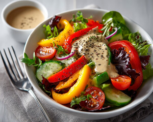 Fresh salad bowl featuring vibrant vegetables like bell peppers, tomatoes, and cucumbers, drizzled with creamy dressing, evokes sense of health and vitality
