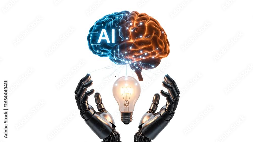 Poster artificial intelligence brain connecting to a light bulb held by robotic hands