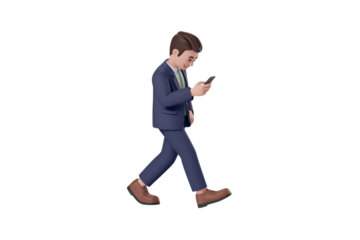 3D Young businessman in a suit walking while looking at his smartphone isolated on transparent background
