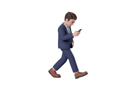 3D Young businessman in a suit walking while looking at his smartphone isolated on transparent background