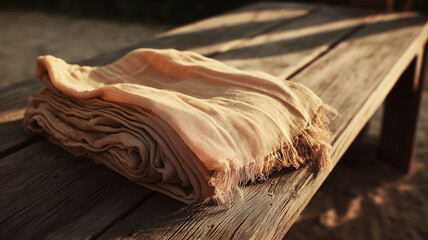 Folded linen cloth on weathered wooden bench