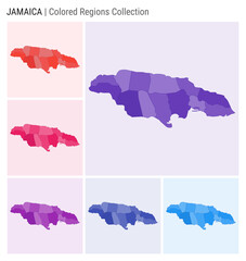Jamaica map collection. Country shape with colored regions. Deep Purple, Red, Pink, Purple, Indigo, Blue color palettes. Border of Jamaica with provinces for your infographic. Vector illustration.