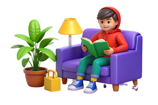 3D Young boy wearing a red hoodie reading a book while sitting in a purple armchair isolated on transparent background