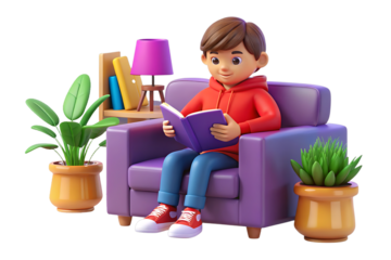 3D Young cartoon boy happily reading a book while sitting comfortably in a purple armchair isolated on transparent background