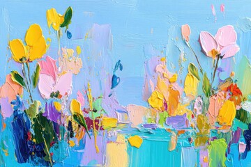 Vibrant abstract floral painting on light blue background
