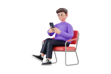 3D Young man sitting on red chair holding and looking at smartphone isolated on transparent background