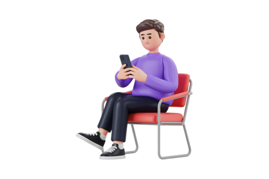3D Young man sitting on red chair holding and looking at smartphone isolated on transparent background