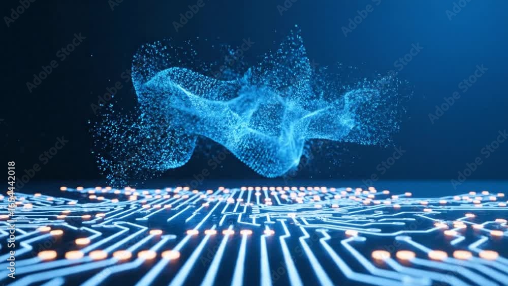 Poster circuit board with glowing neural network data stream in a dark blue backdrop